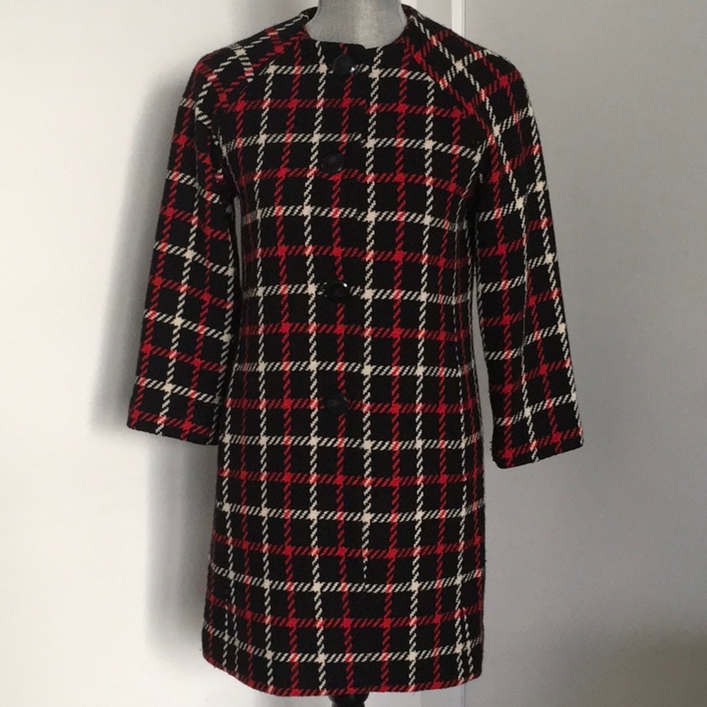 Vintage Wool Red, Black & White Houndstooth Coat